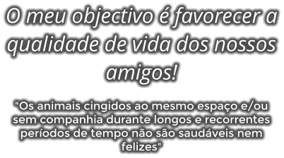 O meu objectivo  favorecer a qualidade de vida dos nossos amigos!  "Os animais cingidos ao mesmo espao e/ou sem companhia durante longos e recorrentes perodos de tempo no so saudveis nem felizes"